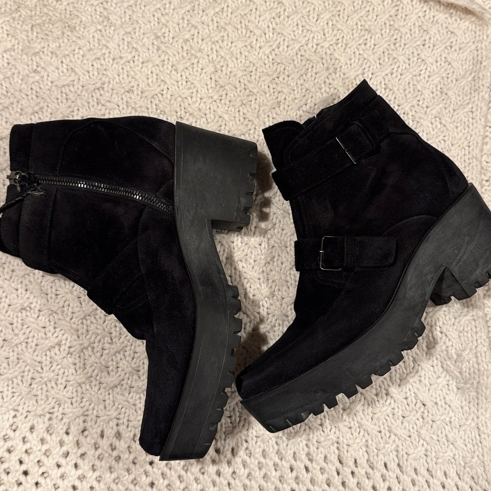 MUI MUI Black Womens Leather Motorcycle Ankle Boots size 7 Suede - Picture 2 of 11